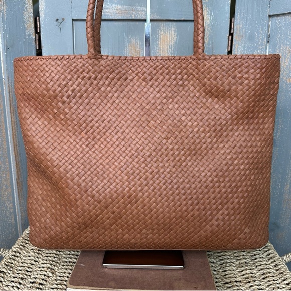 Quince Italian Leather Handwoven Tote Small Cognac NWOT - Picture 3 of 14